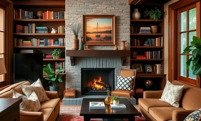 Photo of Уютная гостиная с камином и книжными полками